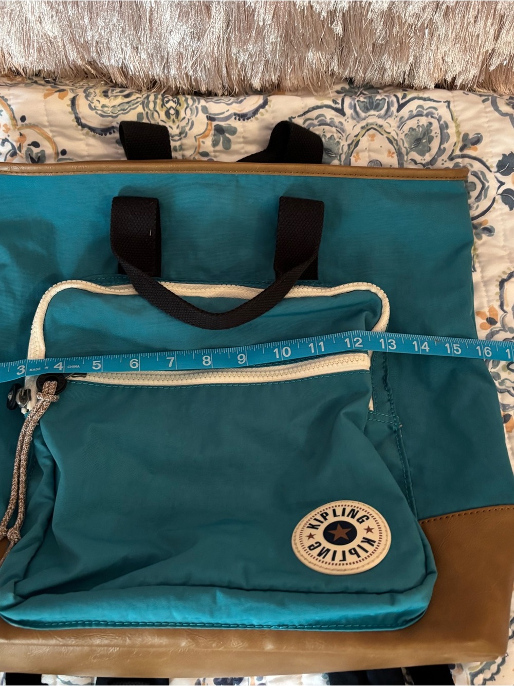 Kipling Teal Backpack Tote with Brown Trim - Picture 2 of 8